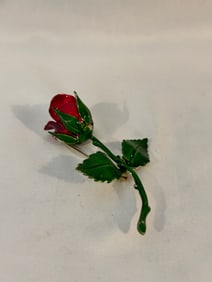 Vintage red & green rose Brooch