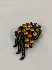 Vintage black enamel flower rhinestone Brooch