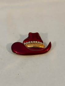 Vintage Gold tone red enamel Brooch