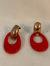 Vintage red glass gold tone Pierced Earrings