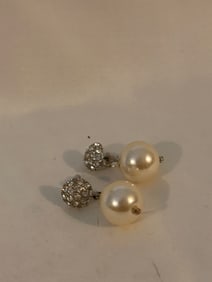 Vintage Silvertone Rhinestone Pearl Earrings