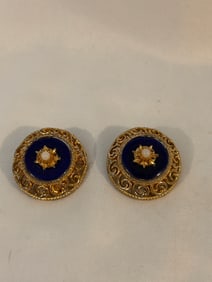 Vintage Gold tone blue glass Clipon Earrings