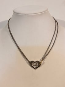 Vintage Sterling Silver double strand heart pendant 15"  Necklace