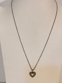 Vintage Sterling Silver heart filigree pendant Necklace 23"
