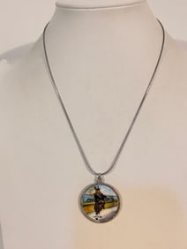 Vintage Sterling Silver Necklace hand painted glass pendant epns