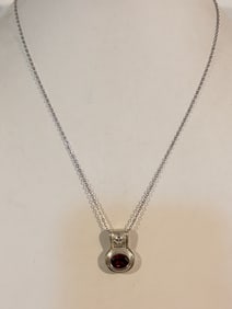 Vintage Sterling Silver red glass pendant Necklace 17"