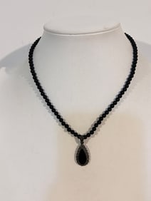 Vintage Sterling Silver onyx beaded marcasite pendant Necklace 15"