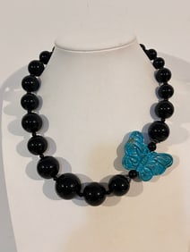 Vintage Sterling Silver Onyx Turquoise Beaded butterfly Necklace 20"