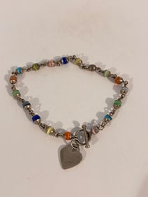 Vintage Sterling Silver beaded large heart Bracelet 10"