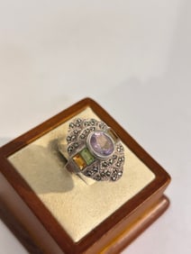 Vintage Sterling Silver FAS marcasite Amethyst Ring sz 8