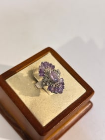 Vintage Sterling Silver marcasite Amethyst Ring sz 8