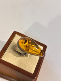 Vintage Sterling Silver tested Amber Ring sz 7