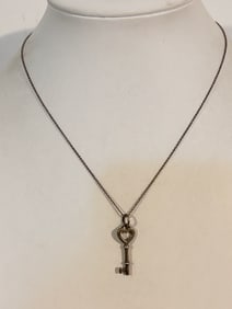 Tiffany & Co - Sterling Silver Heart Skeleton Key 1" Pendant Necklace 16"
