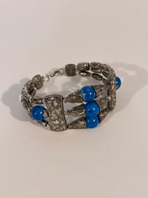 Vintage Silver tone blue bead filigree Bracelet 7"