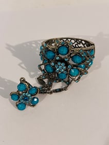 Vintage Green Ring rhinestone Bracelet combo 8"