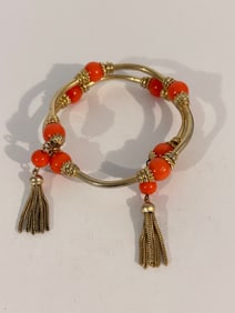 Vintage gold tone pink bead gangle stretch Bracelet 7"