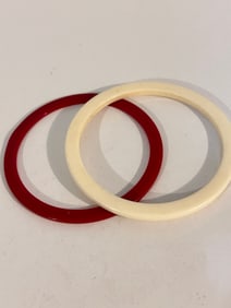 2 Vintage White & Red Acrylic bangle Bracelets 7" 7 1/2"