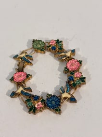 Vintage gold tone enamel floral bird Bracelet 7"