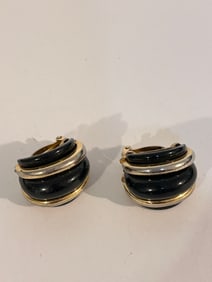 KJL Vintage Clip On Earrings Gold & Black Double Ribbed Earrings