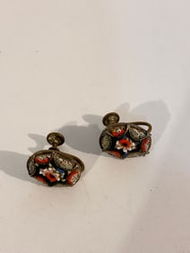 VTG Italian Micro Mosaic Flower screw On Earrings Round