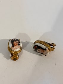 Vintage France hand painted woman glass clip on Earrings