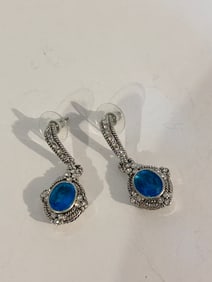 Vintage silver tone rhinestone blue Pierced  Earrings
