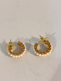 Vintage gold tone white bead hoop Earrings