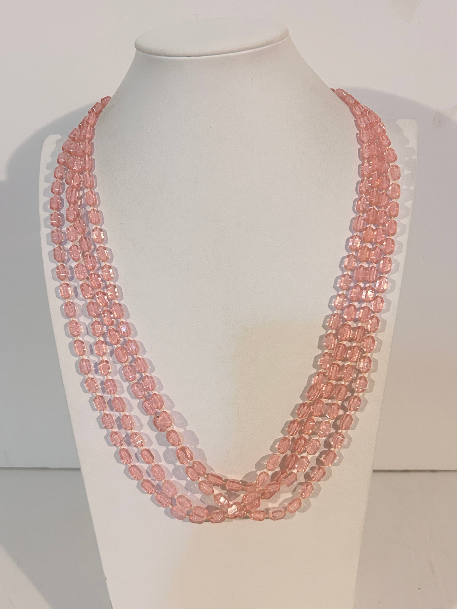 Vintage Pink Acrylic 4 strand Necklace sz 24": Vintage Pink Acrylic 4 strand Necklace sz 24" Please view all photos as they are part of the description and condition of this Item, Feel free to contact me with questions or picture requests! Used It