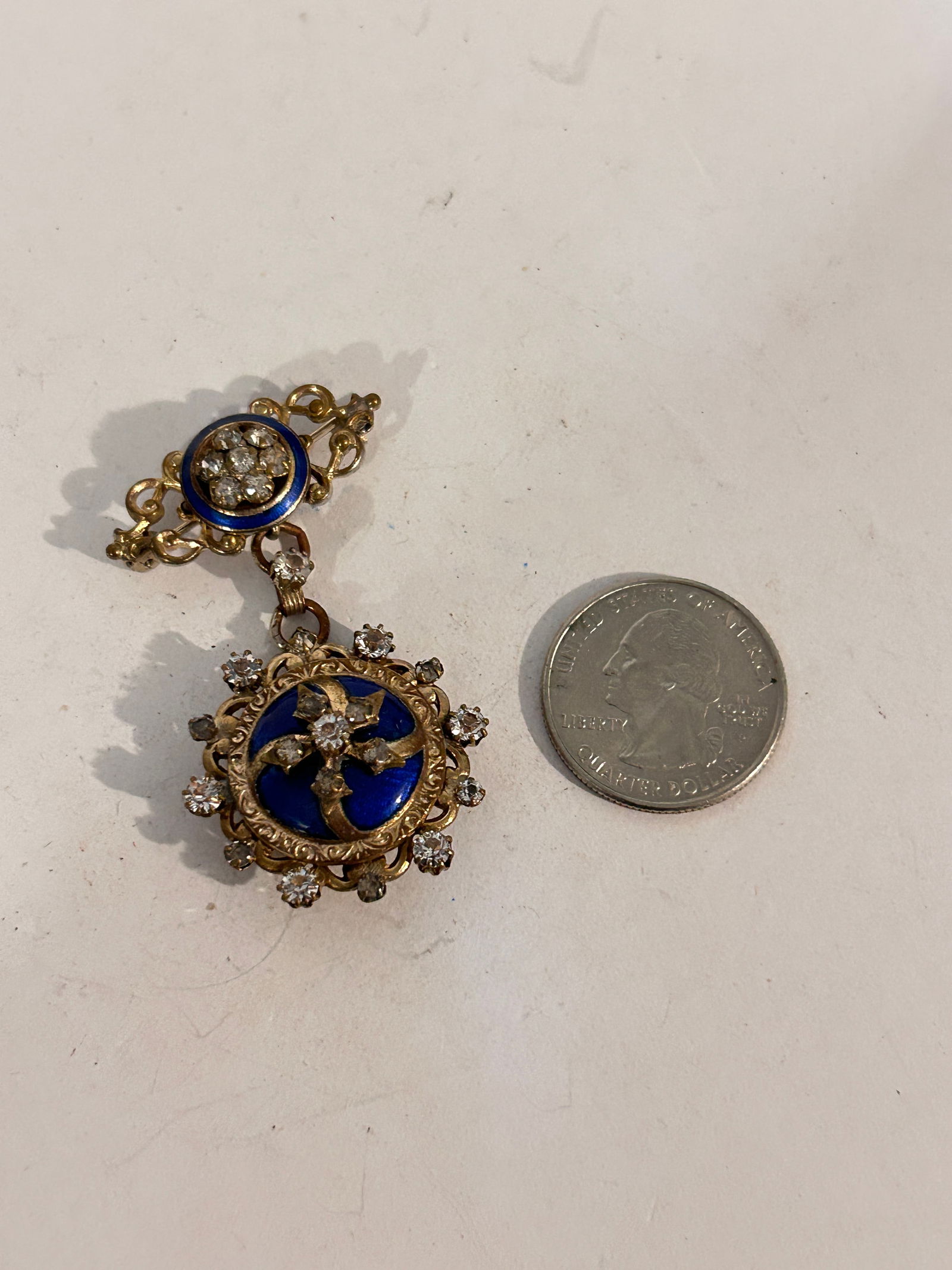 Vintage blue enamel rhinestone old double Brooch (1 of 5)