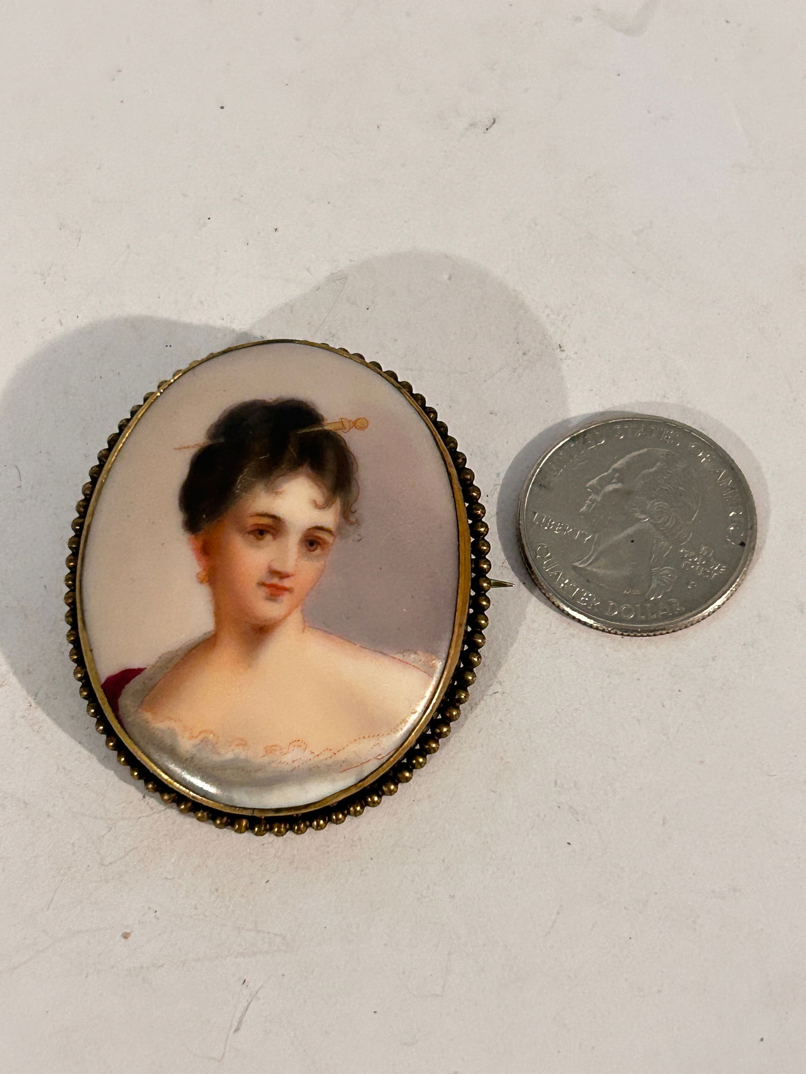 Antique Victorian Portrait Brooch Cameo Hand Painted Ornate Pin (1 of 5)
