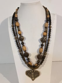 Vintage brass beaded heart Necklace 25"