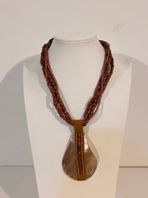 Vintage wood bead mother of pearl pendant Necklace 17"