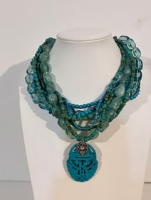 Vintage Faux beaded Turquoise pendant Necklace 16"
