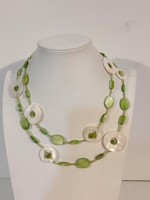 Vintage green & white mother of pearl Necklace 38"
