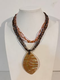 Vintage tiny bead mother of pearl pendant Necklace 16"