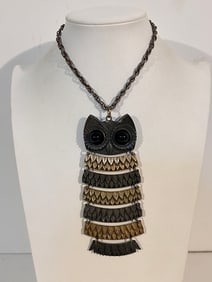Vintage Large Owl pendant 5 1/4" Necklace 13"