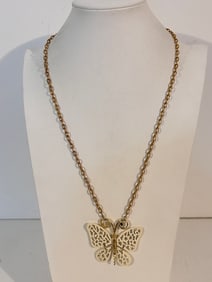 Vintage gold tone enamel butterfly pendant Necklace 24"