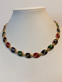 Vintage gold tone colorful enamel Necklace 14"