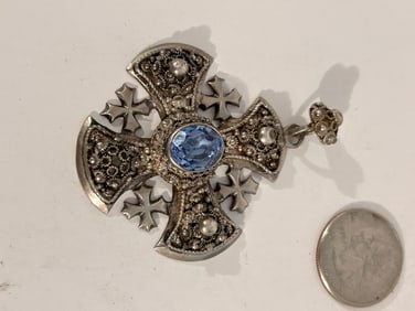 Large Ornate Vintage Sterling Silver Maltese Cross Topaz Stone