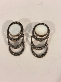 Vintage Sterling Silver mother of pearl marcasite triple tear Earrings