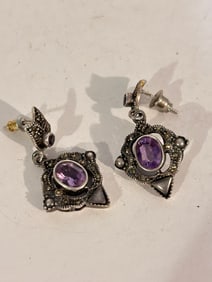 Vintage Sterling Silver Amethyst marcasite dangle Earrings