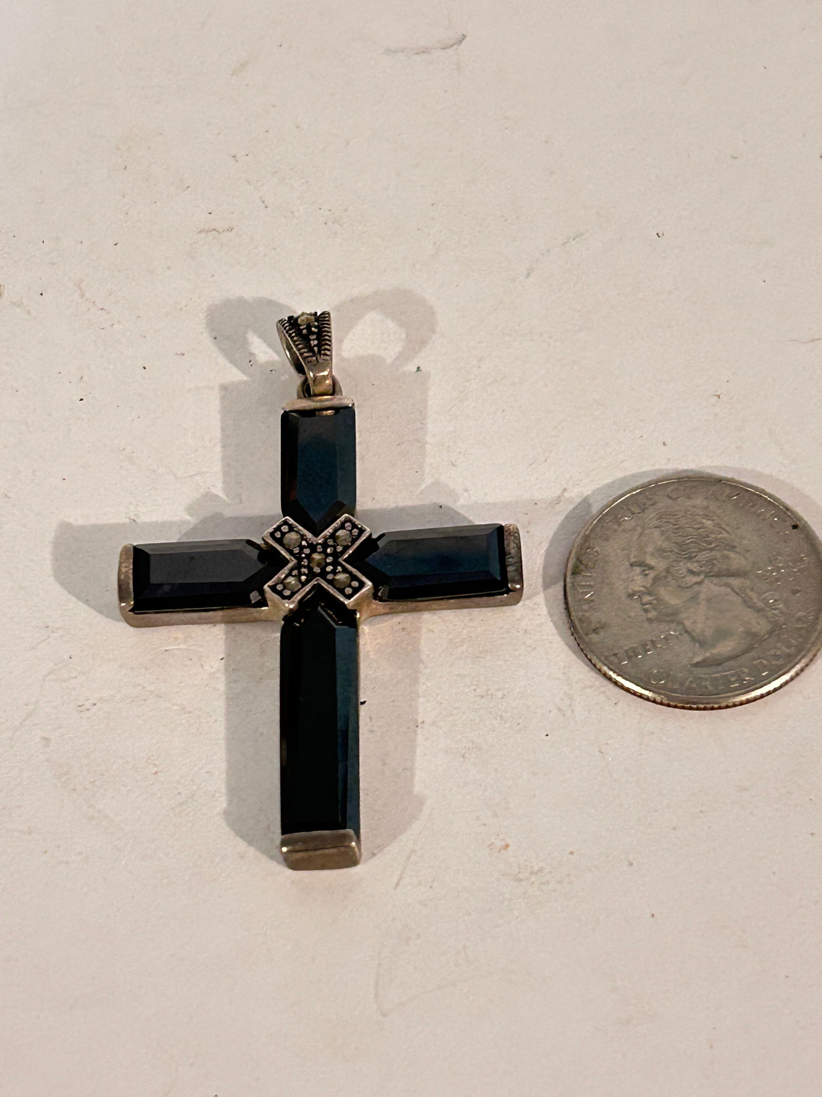 Vintage Sterling Silver onyx marcasite cross 2 1/4" Pendant: Vintage Sterling Silver onyx marcasite cross 2 1/4" Pendant Please view all photos as they are part of the description and condition of this Item, Feel free to contact me with questions or picture req