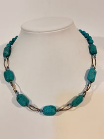 Vintage Sterling Silver Turquoise Swarovski Crystal Necklace 16"
