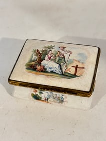 Vintage Hand Painted Enamel Trinket Ring or Pill Box circa 1900