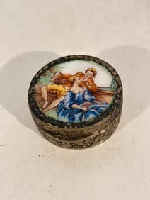 Hand Painted Enamel Trinket 800 silver Ring or Pill Box circa 1800s