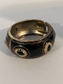 Vintage Black enamel hinged Bracelet sz 7" missing 3 stones