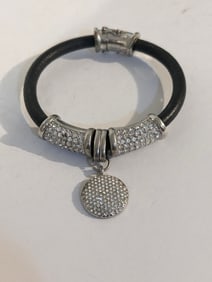 Joan Boyce Swarovski Crystal & Black Leather Bangle Magnetic Closure Bracelet 7"