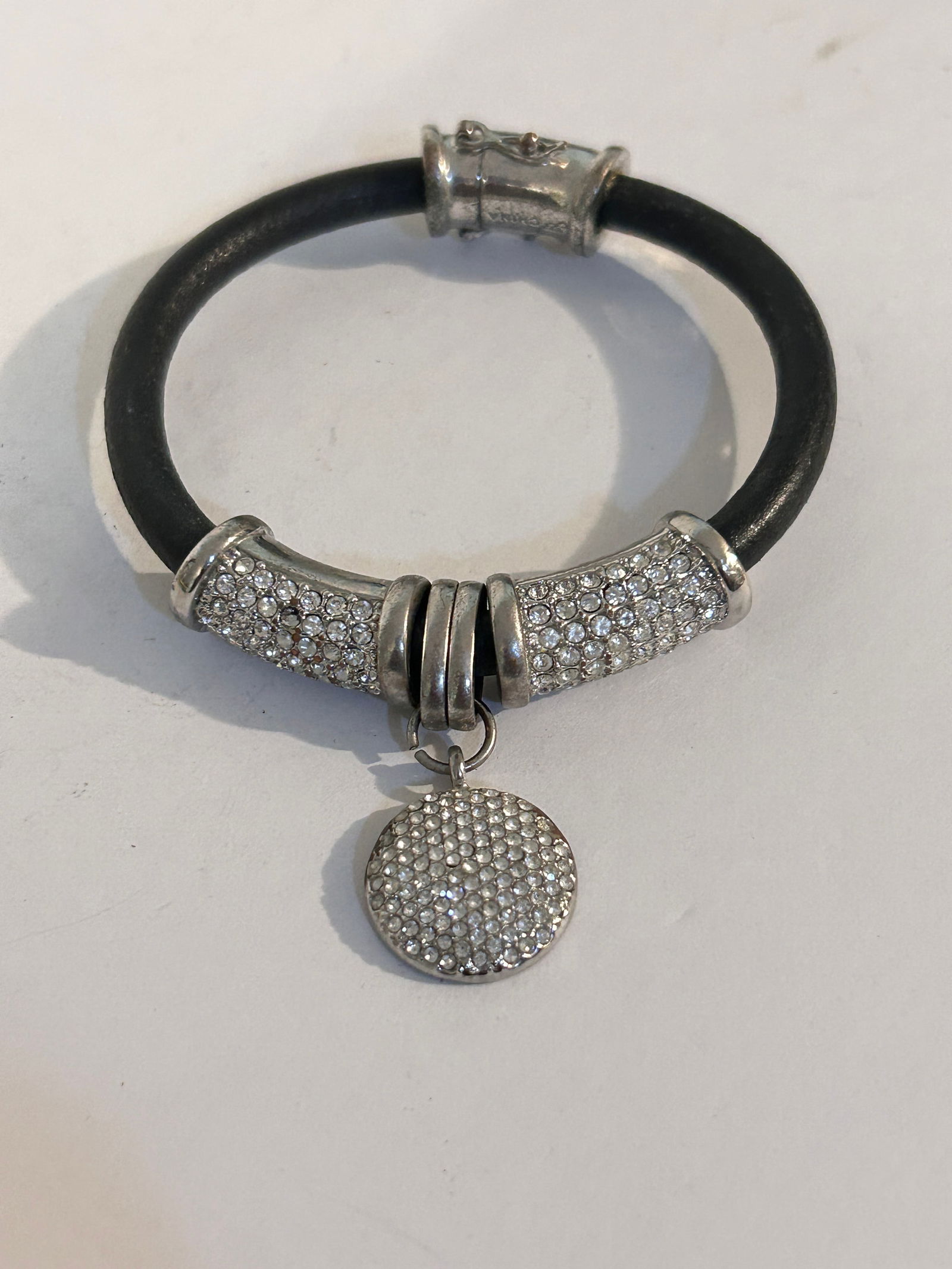 Joan Boyce Swarovski Crystal & Black Leather Bangle Magnetic Closure Bracelet 7" (1 of 4)