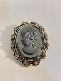 Vintage Cameo filigree Hematite/black Brooch