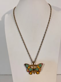 Vintage Gold Tone colorful enamel Butterfly pendant Necklace 23"